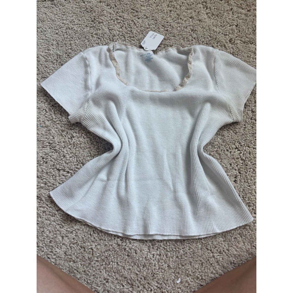 Waffle Knit Top Lace Trim White Thermal Tee Coquette Y2K brandy melville